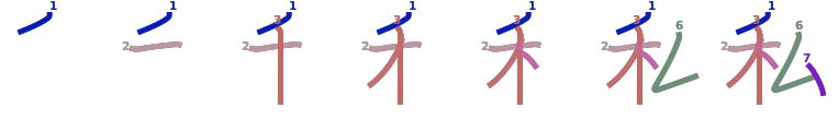 stroke order diagram of kanji '私'